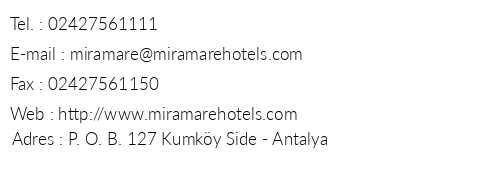 Miramare Beach Hotel telefon numaralar, faks, e-mail, posta adresi ve iletiim bilgileri